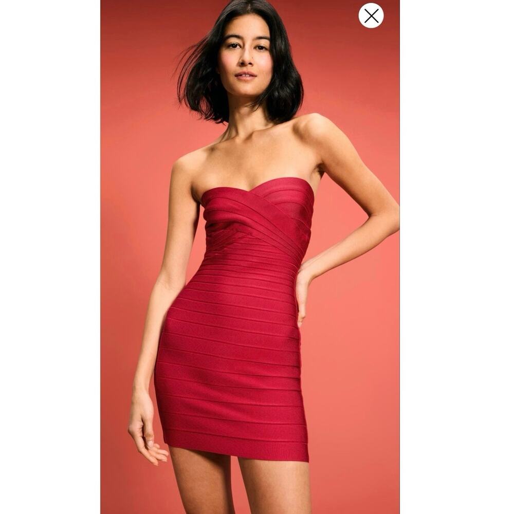 HERVE LEGER Fire Red Isla Signature Bandage Strapless Sleek Sculpted Dress sz S
